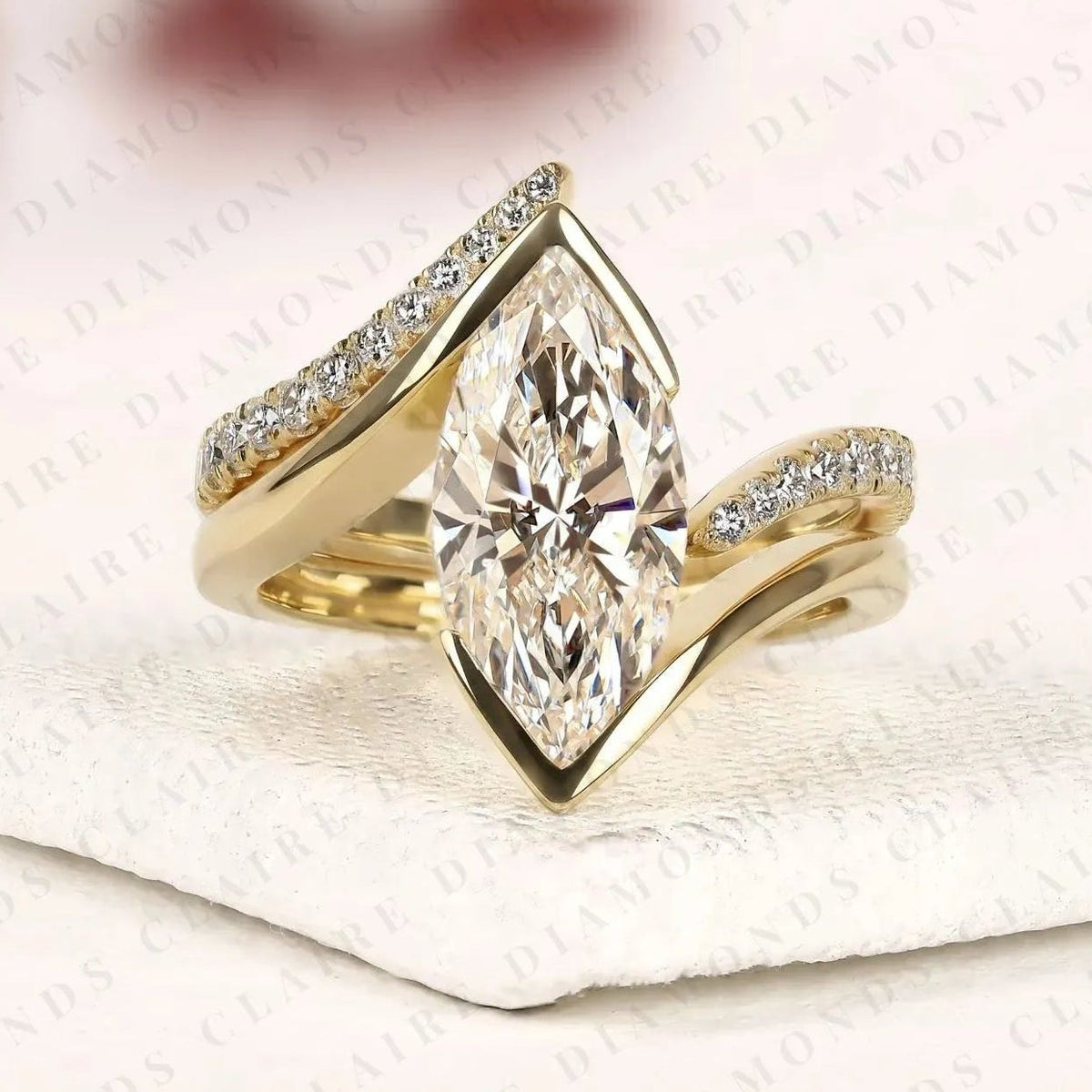 marquise lab grown diamond bypass ring bezel ring modern twisted pave bridal ring set