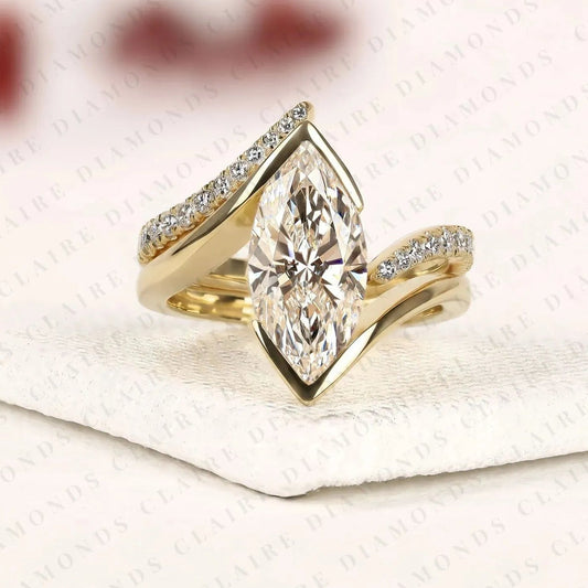 Marquise Moissanite Diamond Bypass Ring Bezel Ring Modern Twisted Pave Bridal Ring Set