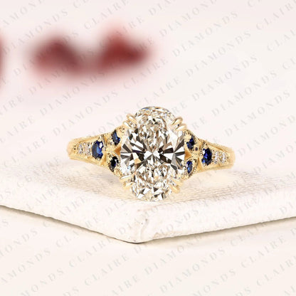 Oval Cut Lab Grown Diamond Engagement Ring | Vintage Art Deco Sapphire & Diamond Yellow Gold Ring
