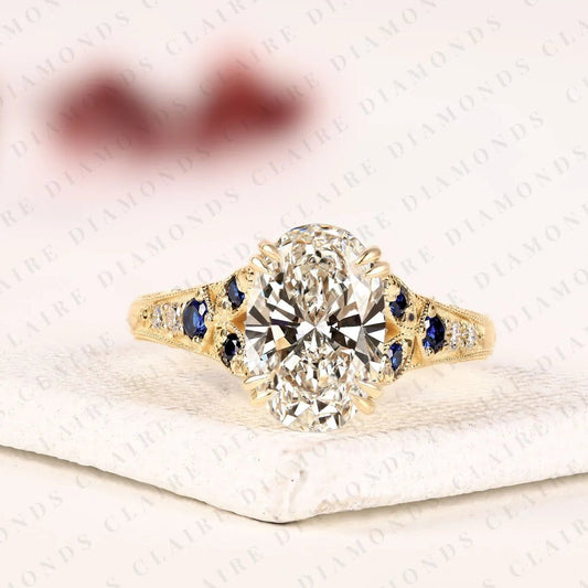 Oval Cut Moissanite Diamond Engagement Ring | Vintage Art Deco Sapphire & Diamond Yellow Gold Ring