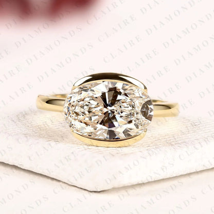 Oval Cut Lab Grown Diamond Hidden Halo Ring Engagement Ring, Yellow Gold, East West Ring, Half Bezel Solitaire Wedding Ring