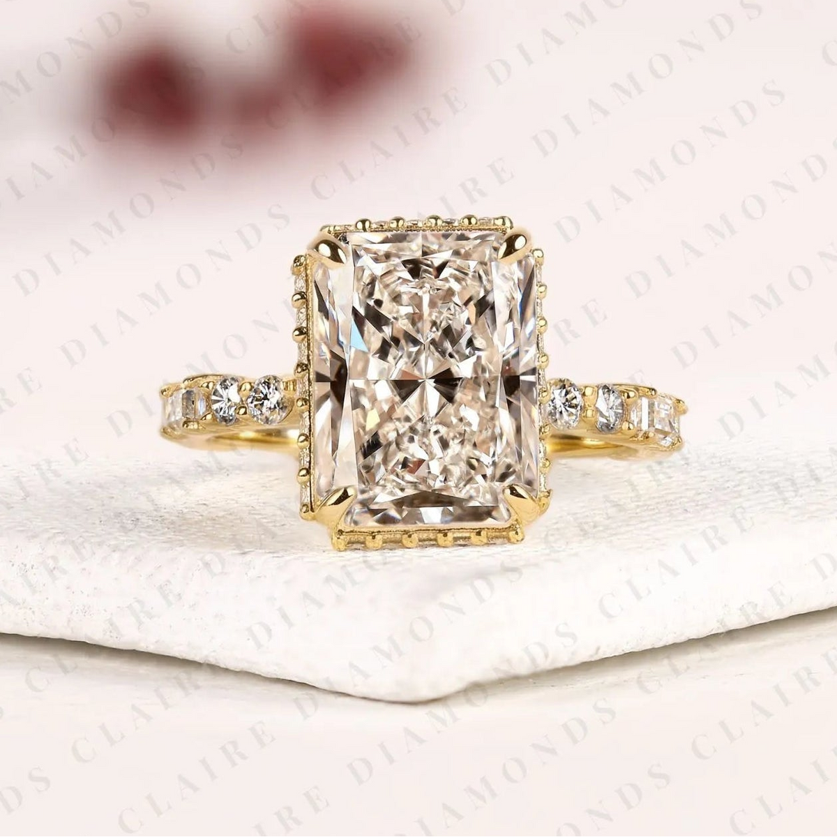 emerald cut lab grown diamond engagement ring | yellow gold pavé side stone ring | elegant modern bridal jewelry