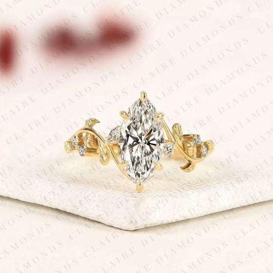 Nature Inspired Marquise Cut Lab Grown Diamond Engagement Ring | Vintage Leaf Vine Ring