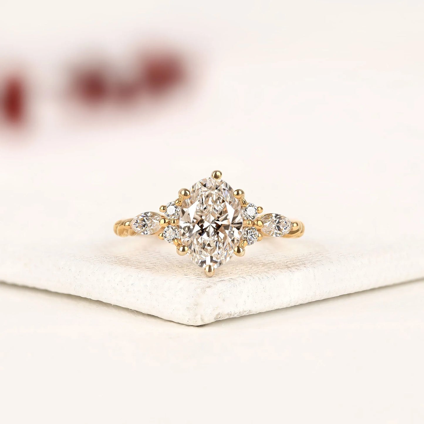 curved chevron wedding band set with elongated oval cut lab grown diamond ring | vintage v-shaped bridal set | unique anniversary ring for women