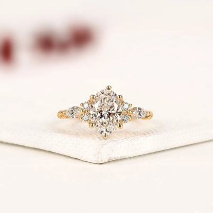 Curved Chevron Wedding Band Set with Elongated Oval Cut Lab Grown Diamond Ring | Vintage V-Shaped Bridal Set | Unique Anniversary Ring for Women
