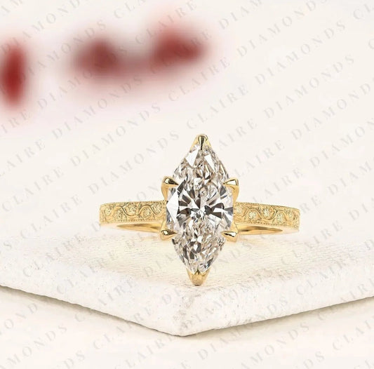 Marquise Cut Moissanite Diamond Engagement Ring, Vintage Engraved Gold Solitaire Ring, Unique Bridal Jewelry
