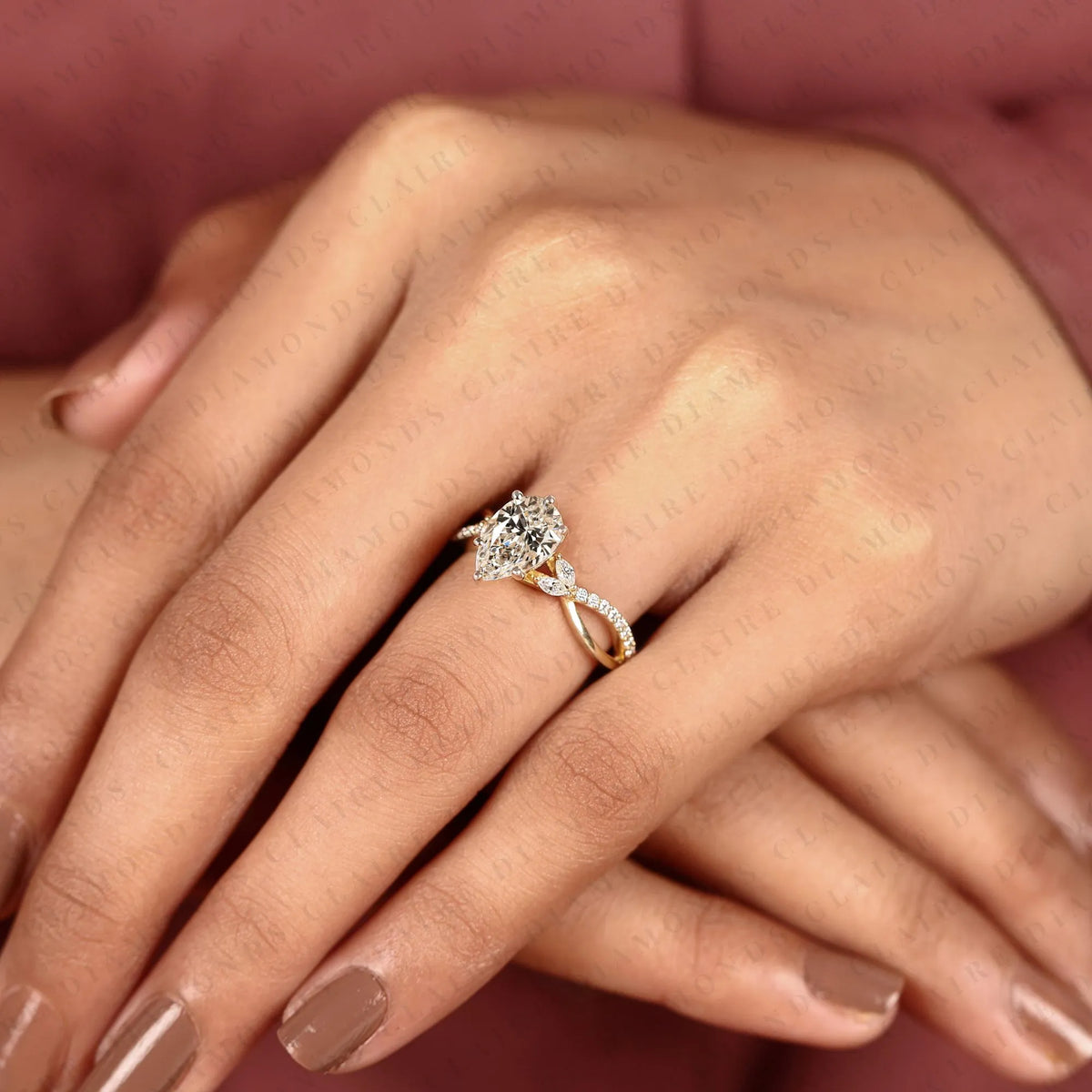 pear cut lab grown diamond engagement ring | yellow gold twisted vine pavé band | nature inspired bridal ring | elegant unique wedding jewelry
