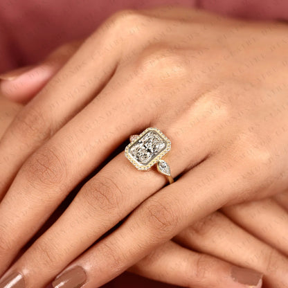 Radiant Cut Lab Grown Diamond Three Stone Engagement Ring | Pear Cut Side Stone Gold Ring | Beaded Bezel Statement Bridal Jewelry | Modern Luxury Wedding Ring