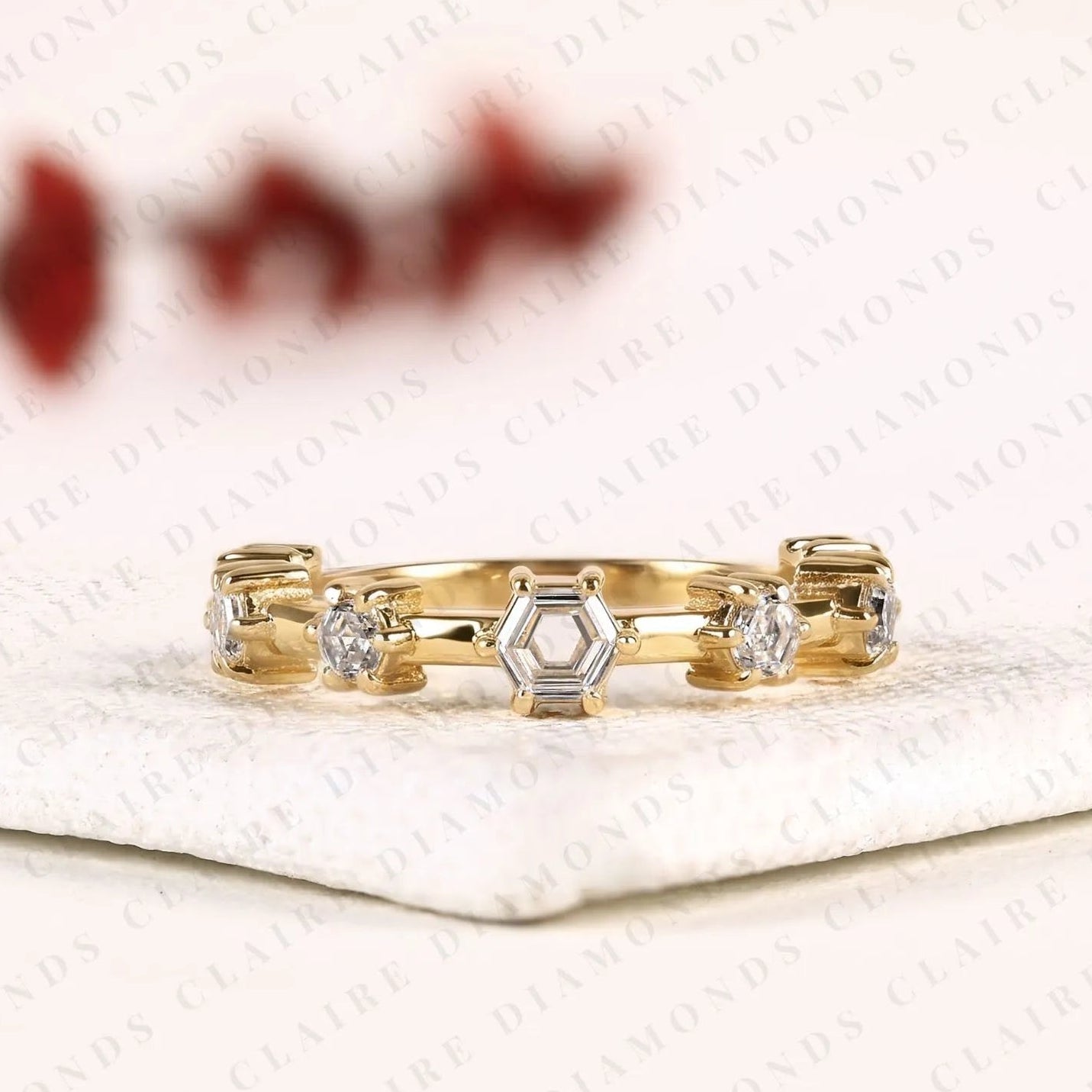 0.61 tcw octagon cut moissanite ring with round accent stones in solid gold | modern open band for women