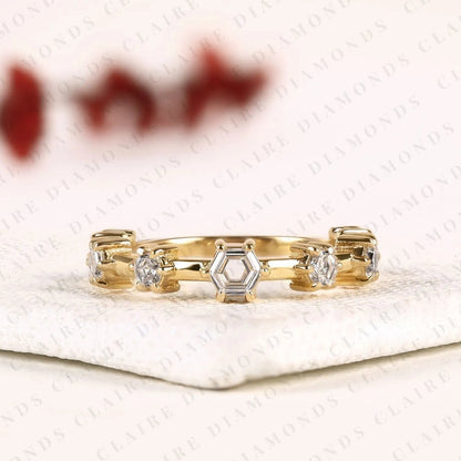 0.61 TCW Octagon Cut Moissanite Ring with Round Accent Stones in Solid Gold | Modern Open Band for Women