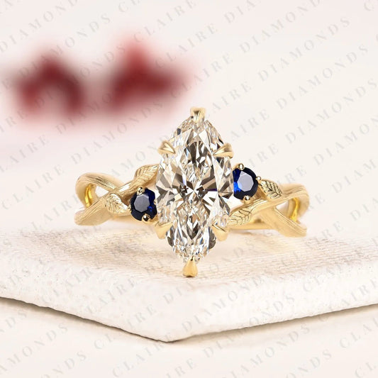 Marquise Lab Grown Diamond Ring, Nature Inspired Leaf Engagement Ring, Vintage Floral Ring, Sapphire Gold Promise Ring