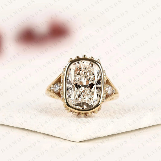 Vintage Elongated Cushion Cut Moissanite Diamond Engagement Ring | Milgrain Bezel Set Statement Ring | Unique Gold Anniversary Ring for Women.