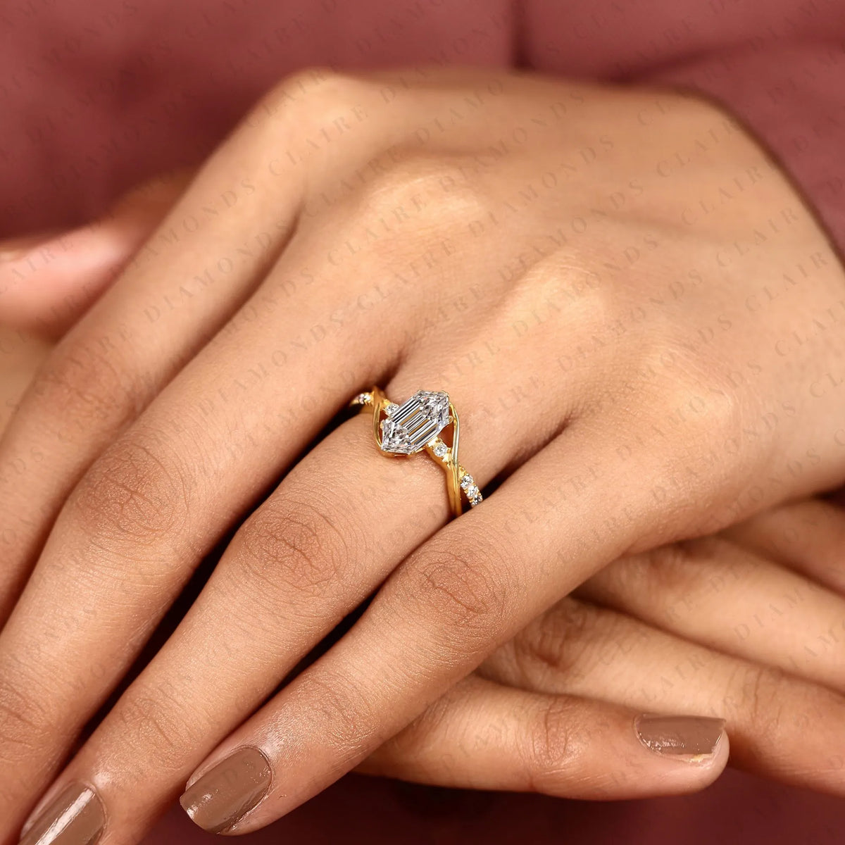 hexagon step cut lab grown diamond engagement ring | yellow gold bypass split shank pavé ring | modern geometric bridal jewelry | unique statement ring