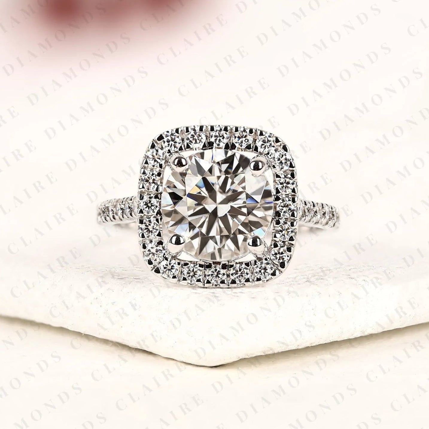 round cut lab grown diamond halo engagement ring in white gold | vintage cushion halo wedding ring | pave anniversary ring for women