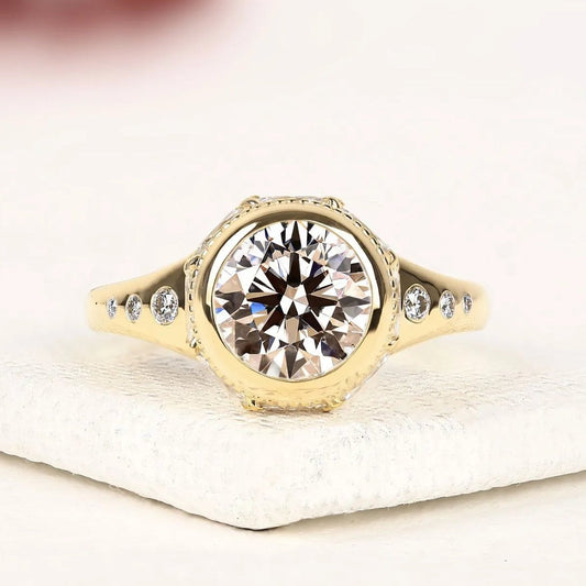 Round Brilliant Cut Bezel Set Lab Grown Diamond Engagement Ring Vintage Solitaire Ring Minimalist Anniversary & Promise Ring for Women