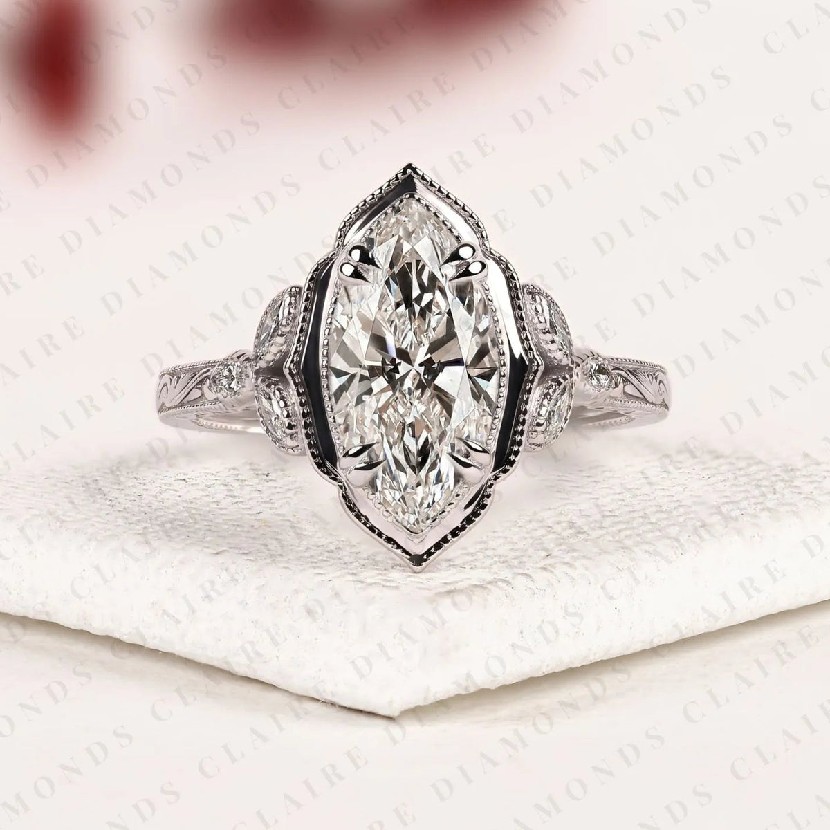 marquise cut lab grown diamond engagement ring | vintage inspired milgrain bezel & engraved white gold ring | floral diamond accent bridal ring