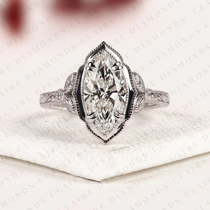 Marquise Cut Lab Grown Diamond Engagement Ring | Vintage Inspired Milgrain Bezel & Engraved White Gold Ring | Floral Diamond Accent Bridal Ring