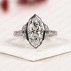 Marquise Cut Lab Grown Diamond Engagement Ring | Vintage Inspired Milgrain Bezel & Engraved White Gold Ring | Floral Diamond Accent Bridal Ring