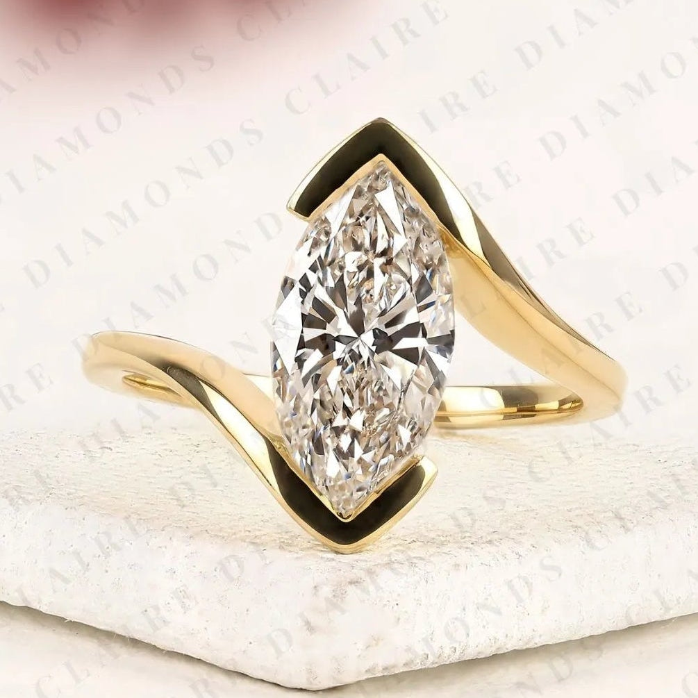 elegant marquise cut moissanite diamond bypass engagement ring in 14k yellow gold modern solitaire bridal ring
