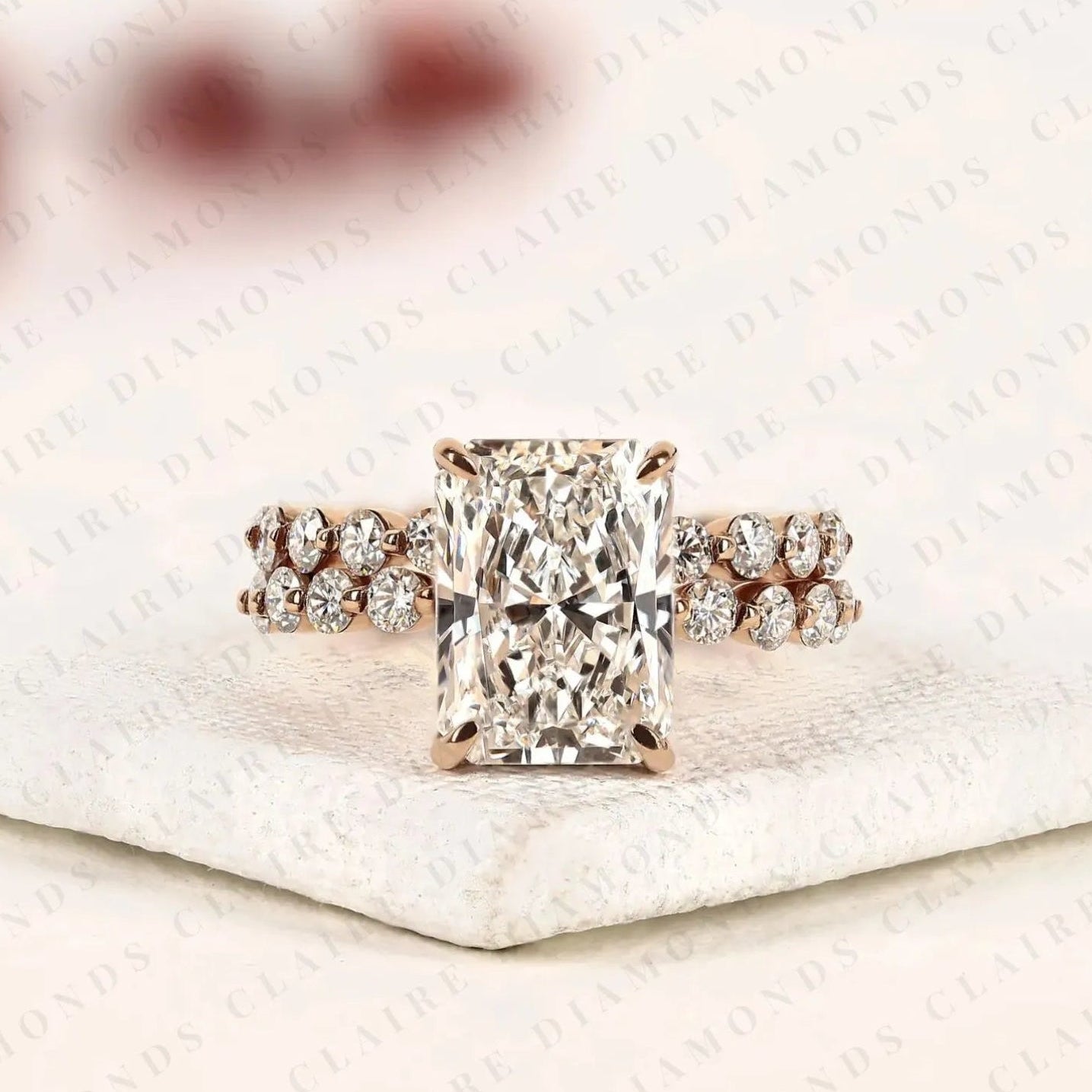 radiant cut lab grown diamond engagement ring set with pave wedding band in rose gold | elegant bridal ring set for women