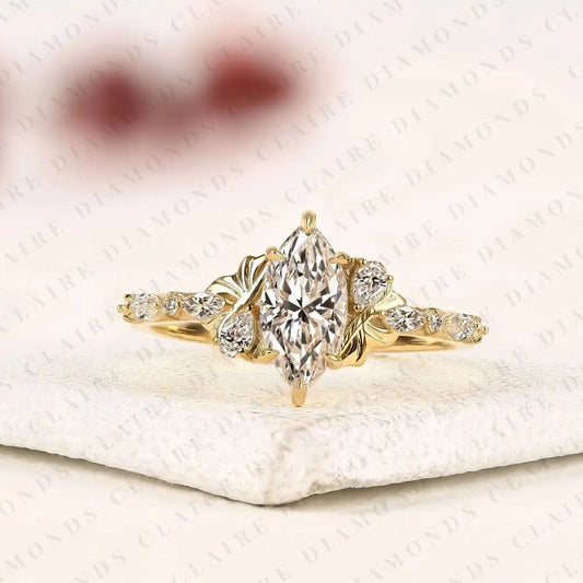 Marquise Cut Moissanite Diamond Engagement Ring with Side Accent Diamonds | Elegant Three Stone Bridal Ring in White Gold