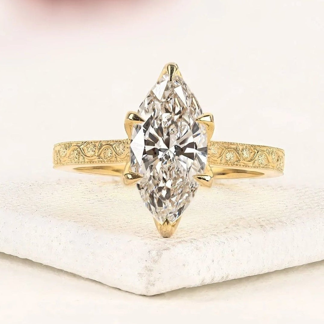 marquise cut lab grown diamond engagement ring, vintage engraved gold solitaire ring, igi certified diamond ring, unique bridal jewelry