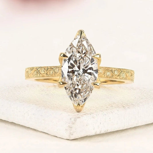 Marquise Cut Lab Grown Diamond Engagement Ring, Vintage Engraved Gold Solitaire Ring, IGI Certified Diamond Ring, Unique Bridal Jewelry