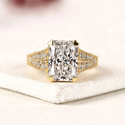 Radiant Cut Lab Grown Diamond Engagement Ring Vintage Milgrain Split Shank Pave Diamond Ring Unique Bridal Ring for Women