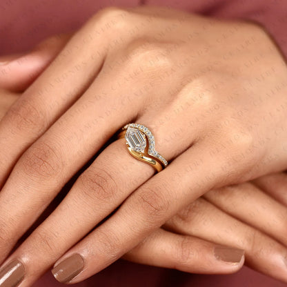 East-West Hexagon Cut Lab Grown Diamond Engagement Ring | Yellow Gold Bypass Pavé Band | Geometric Modern Bridal Ring Set | Unique Statement Jewelry