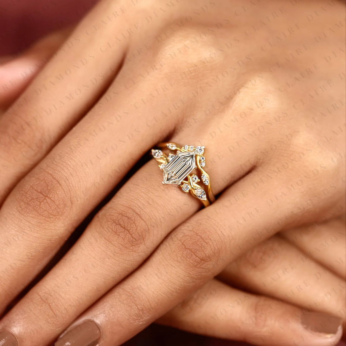 hexagon step cut lab grown diamond engagement ring | yellow gold botanical vine band | floral bridal ring set | unique wedding jewelry
