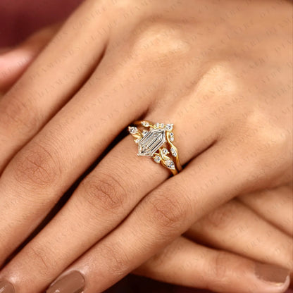 Hexagon Step Cut Lab Grown Diamond Engagement Ring | Yellow Gold Botanical Vine Band | Floral Bridal Ring Set | Unique Wedding Jewelry