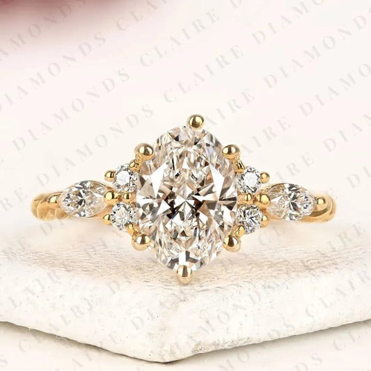 Nature Inspired Lab Grown Oval Diamond Cluster Engagement Ring with Twisted Band