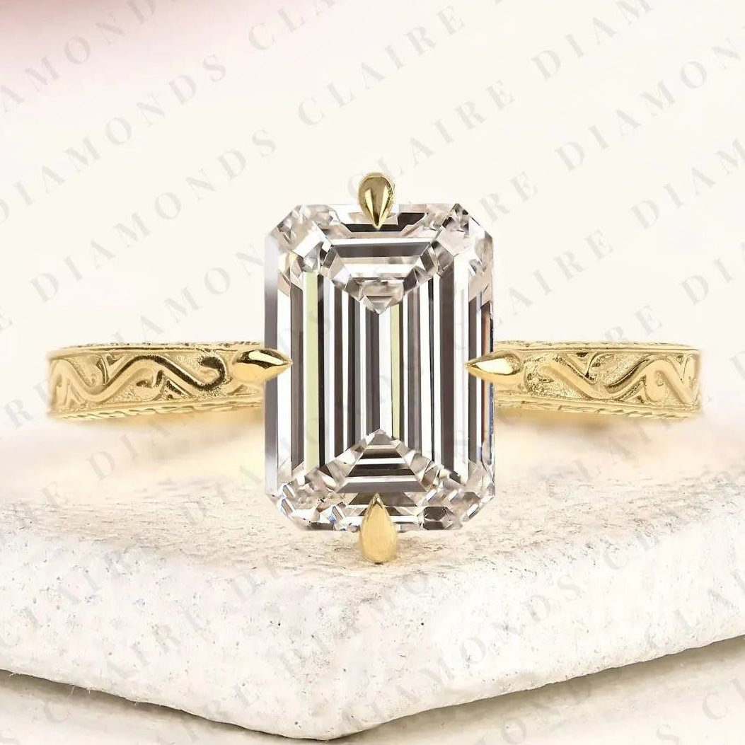 emerald cut moissanite diamond engagement ring, vintage engraved gold solitaire ring, unique bridal ring