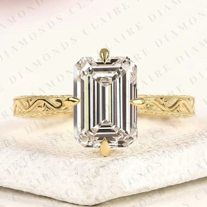 Emerald Cut Moissanite Diamond Engagement Ring, Vintage Engraved Gold Solitaire Ring, Unique Bridal Ring