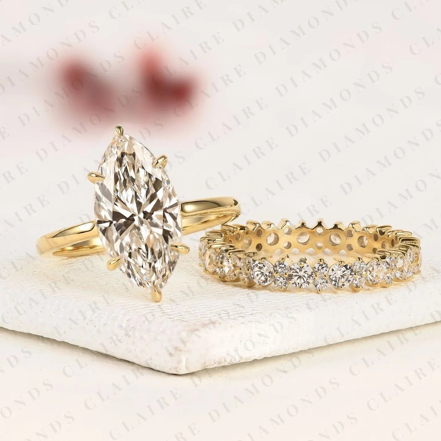 marquise cut lab grown diamond engagement ring set with eternity wedding band in 14k yellow gold
