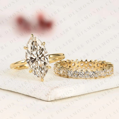 Marquise Cut Lab Grown Diamond Engagement Ring Set with Eternity Wedding Band in 14K Yellow Gold