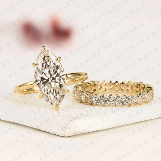 Marquise Cut Moissanite Diamond Engagement Ring Set with Eternity Wedding Band in 14K Yellow Gold