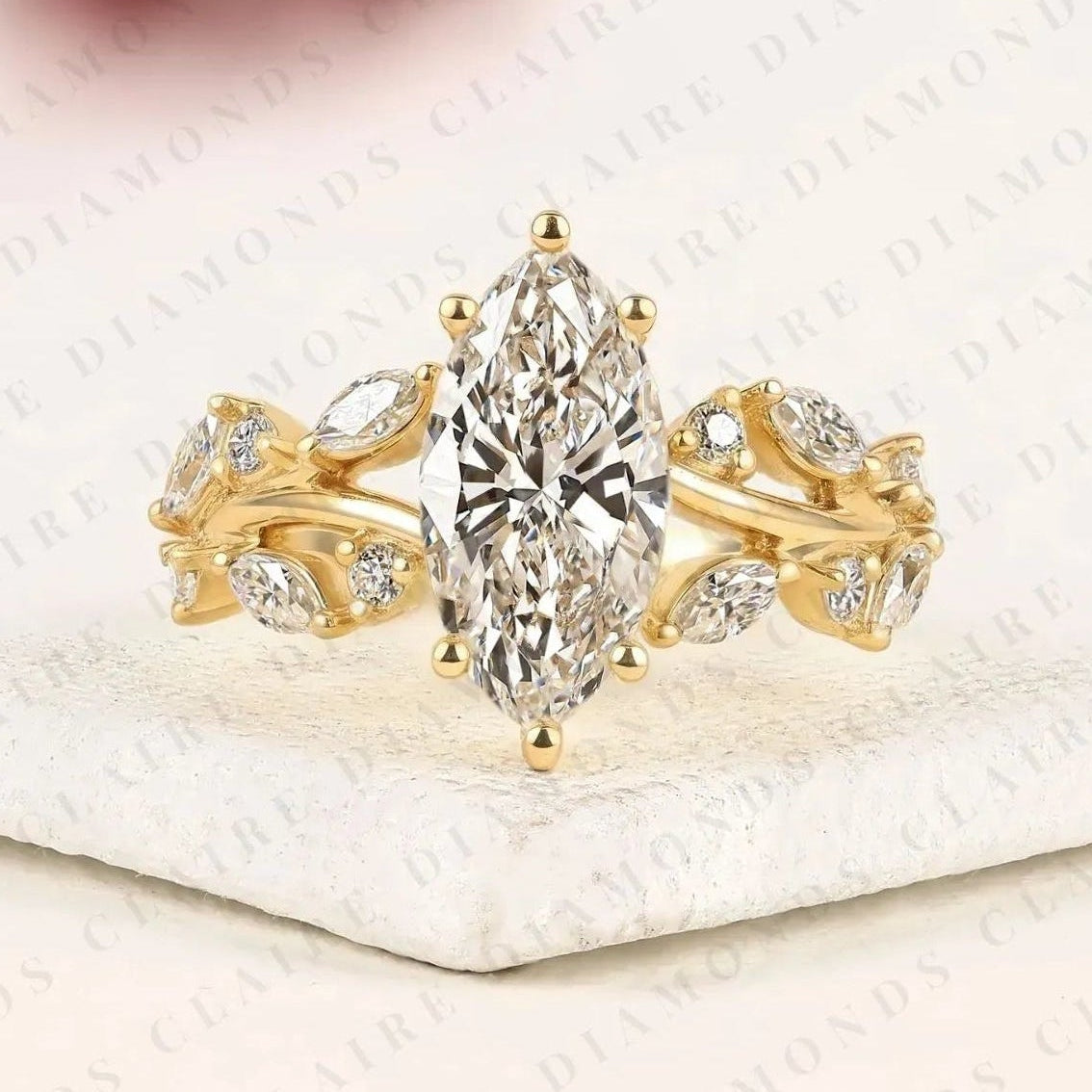 marquise cut nature inspired moissanite diamonds engagement ring | leaf vine diamond ring in gold | floral marquise solitaire ring | vintage botanical bridal jewelry