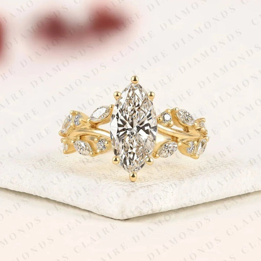Marquise Cut Nature Inspired Moissanite Diamonds Engagement Ring | Leaf Vine Lab Grown Diamond Ring in Gold | Floral Marquise Solitaire Ring | Vintage Botanical Bridal Jewelry