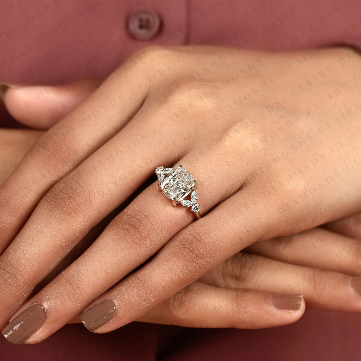 radiant cut lab grown diamond engagement ring | marquise & round diamond accents | sculpted yellow gold split shank bridal ring | modern luxury statement jewelry