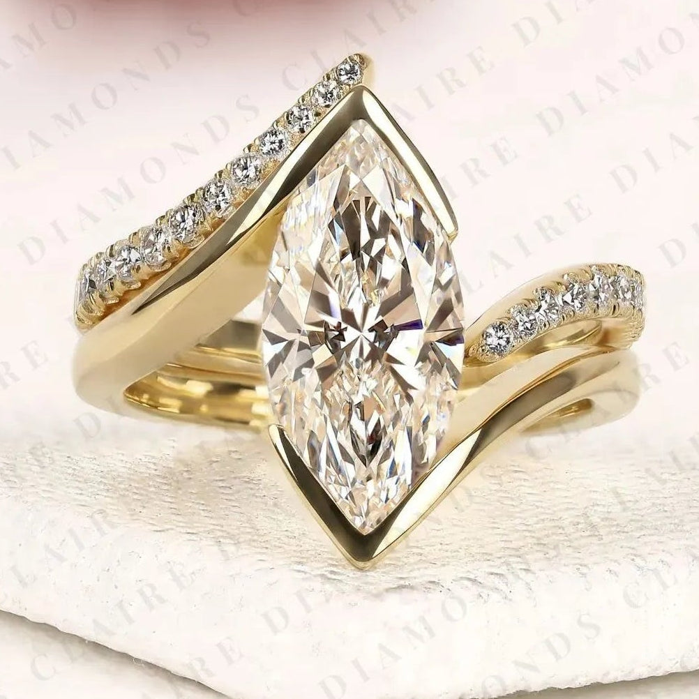 marquise moissanite diamond bypass ring bezel ring modern twisted pave bridal ring set