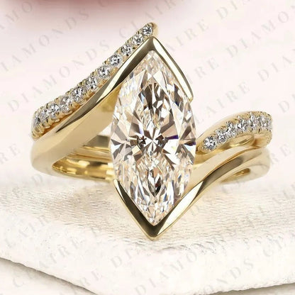 Marquise Moissanite Diamond Bypass Ring Bezel Ring Modern Twisted Pave Bridal Ring Set