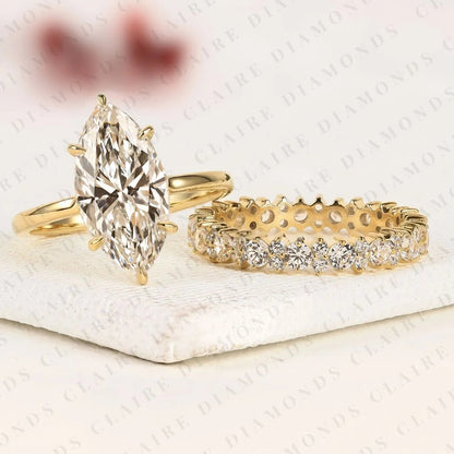 Marquise Cut Lab Grwon Diamond Engagement Ring Set with Eternity Wedding Band in 14K Yellow Gold