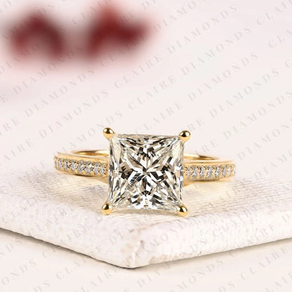 Princess Cut Lab Grown Diamond Engagement Ring | Classic Yellow Gold Ring Pave Band
