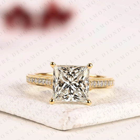 Princess Cut Moissanite Diamond Engagement Ring | Classic Yellow Gold Ring Pave Band