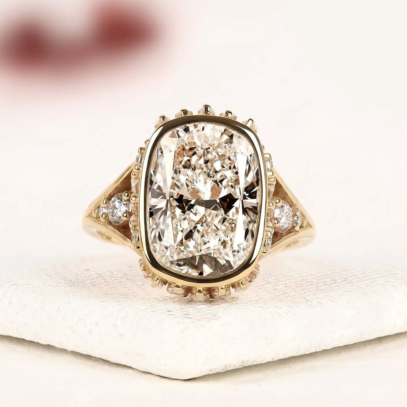 vintage elongated cushion cut moissanite diamond engagement ring | milgrain bezel set statement ring | unique gold anniversary ring for women.
