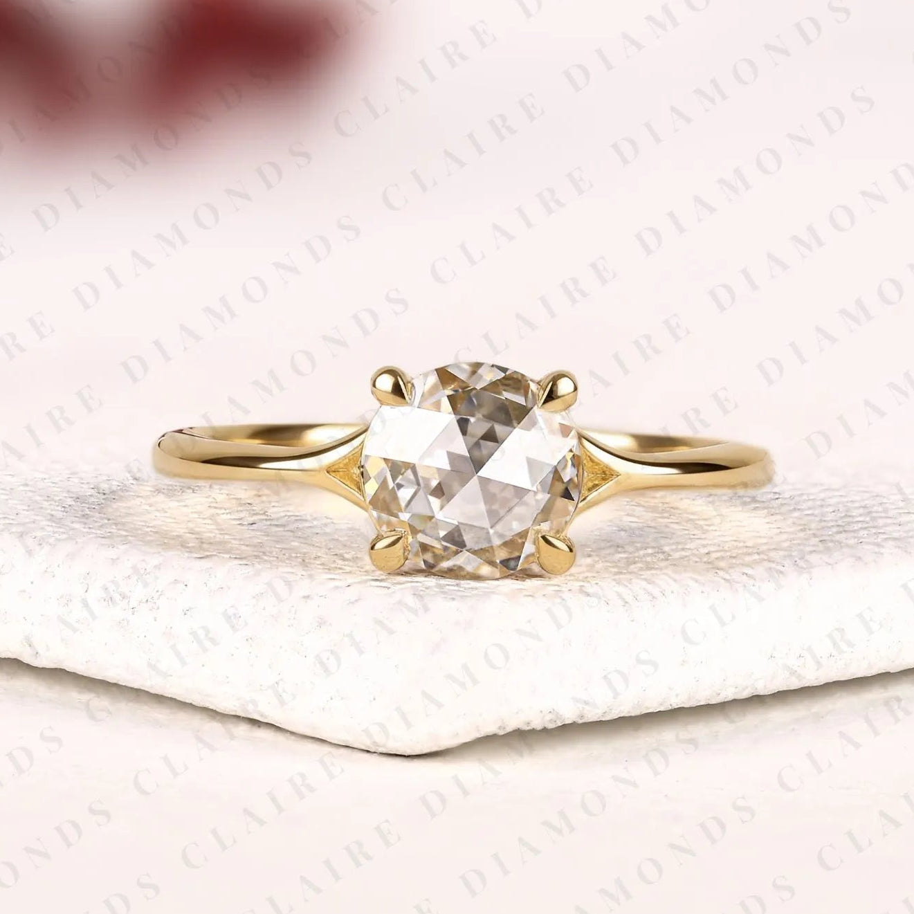 rose cut round moissanite diamond solitaire engagement ring in gold, promise ring, yellow gold