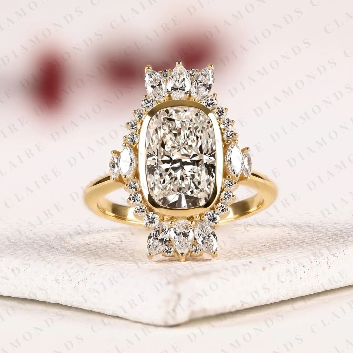 elongated cushion cut lab grown diamond halo engagement ring, yellow gold floral halo bridal ring, unique diamond ring