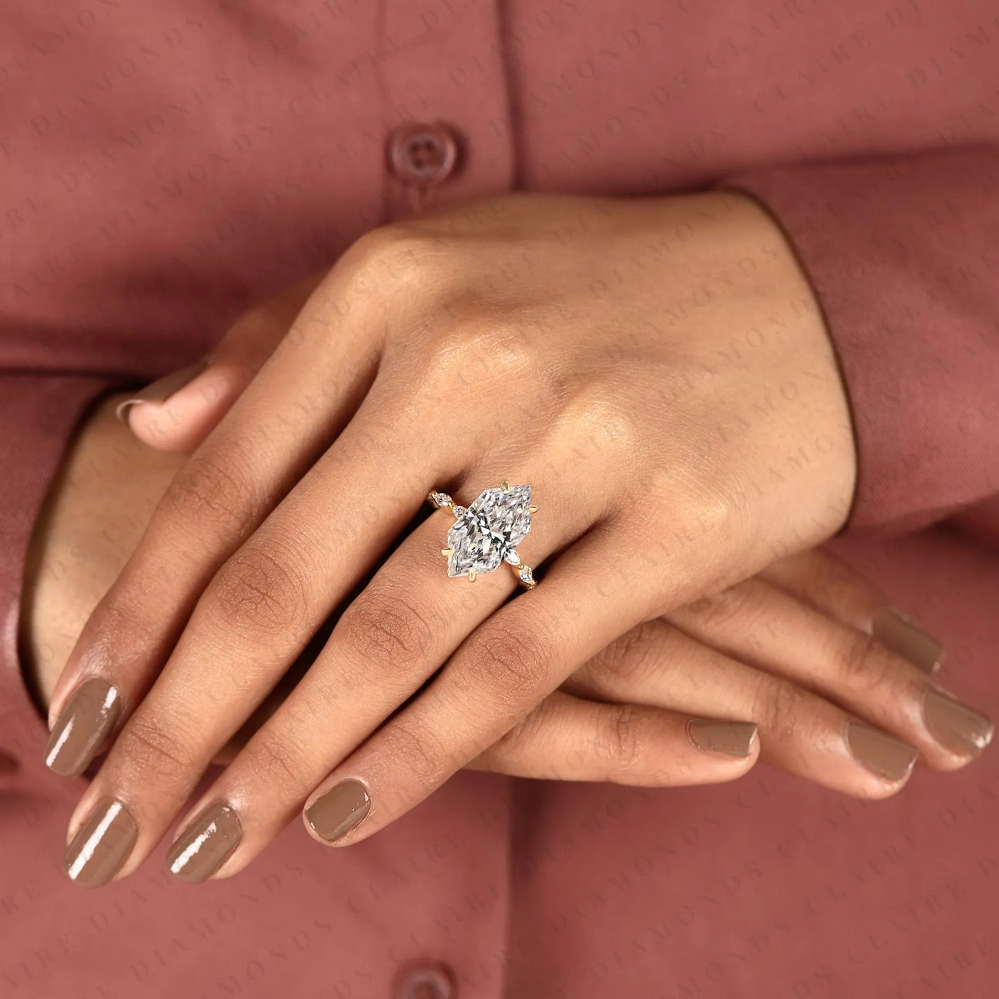 unique dutch marquise moissanite diamond hidden halo engagement ring | yellow gold botanical leaf four-prong setting