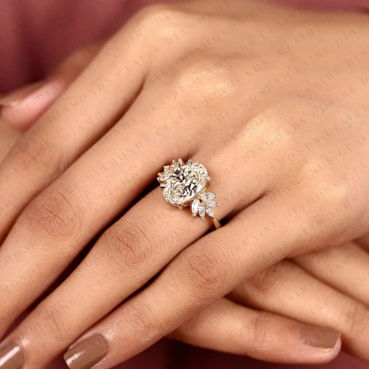 oval cut lab grown diamond engagement ring | floral cluster side stone ring | yellow gold nature inspired bridal jewelry | elegant statement wedding ring